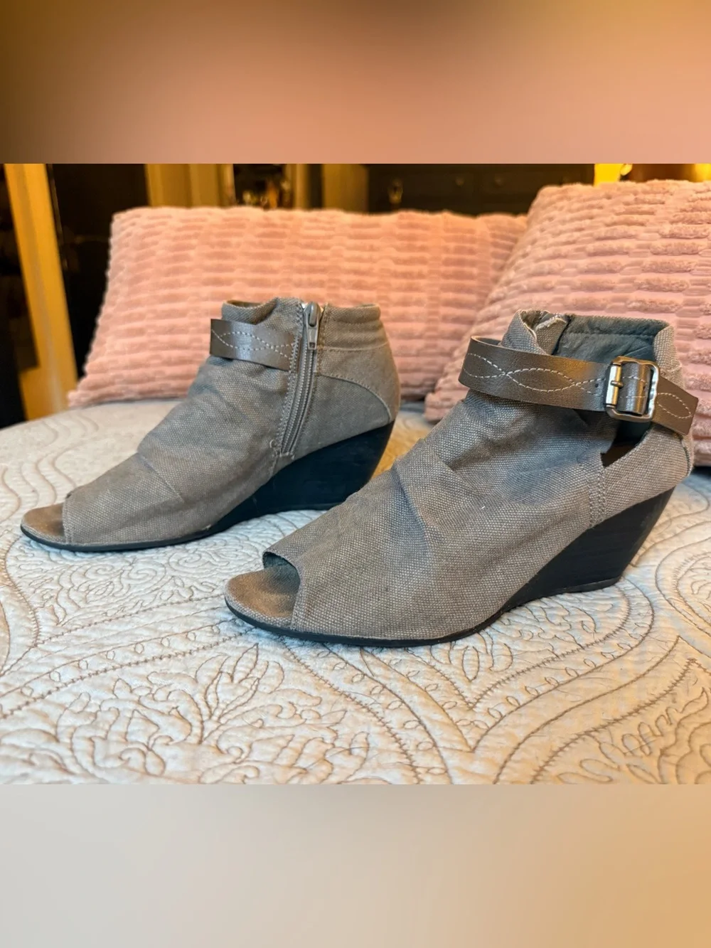 Open-Toe Gray Canvas Wedge Booties with Ankle Strap